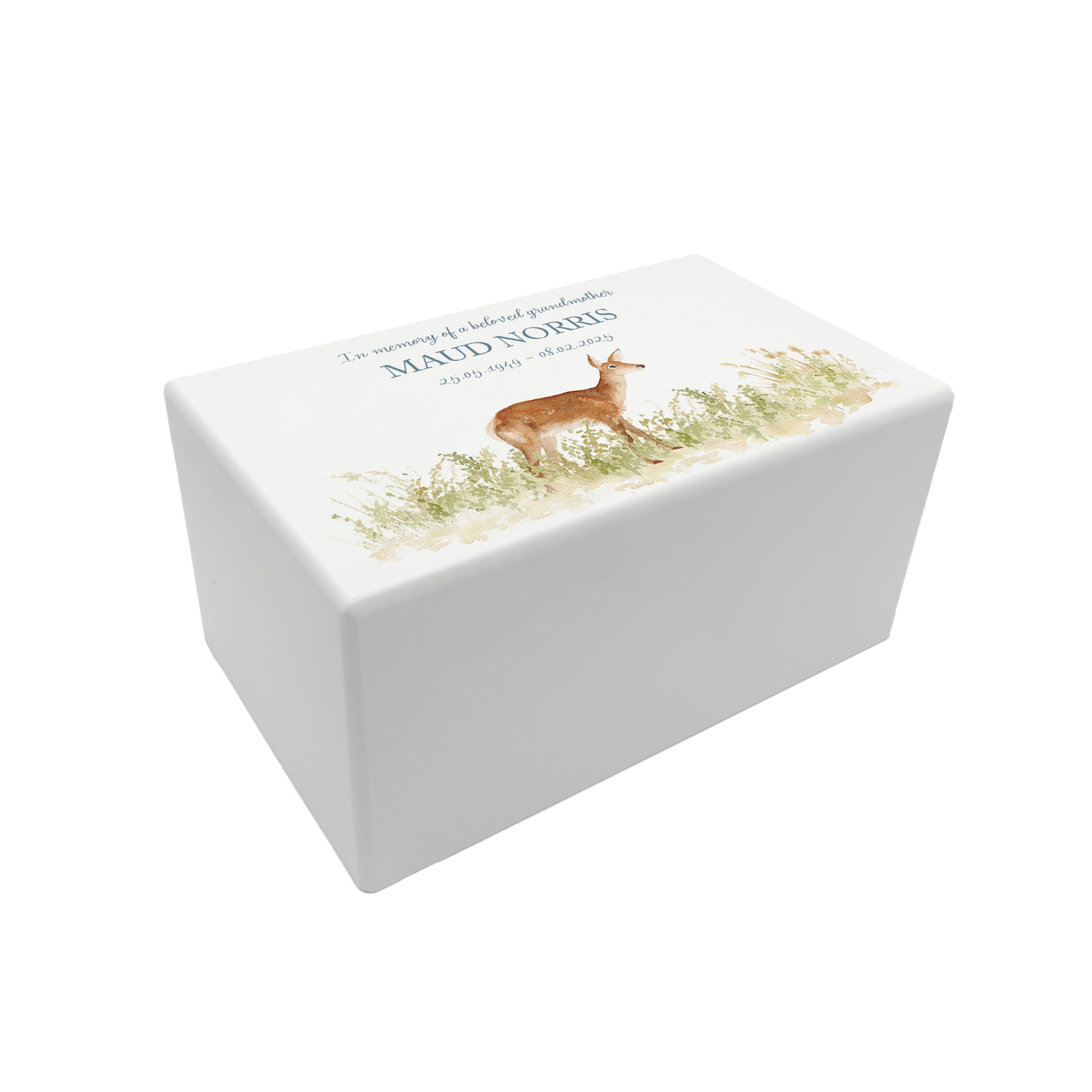 Luxury solid wooden white painted Urn ,  Featuring a Doe in a meadow. A watercolour illustration, our urns and Caskets for displaying or burying ashes. Customisable and can be personalised. Perfect funeral memory keepsake urn, for storing ashes for humans and pets. 