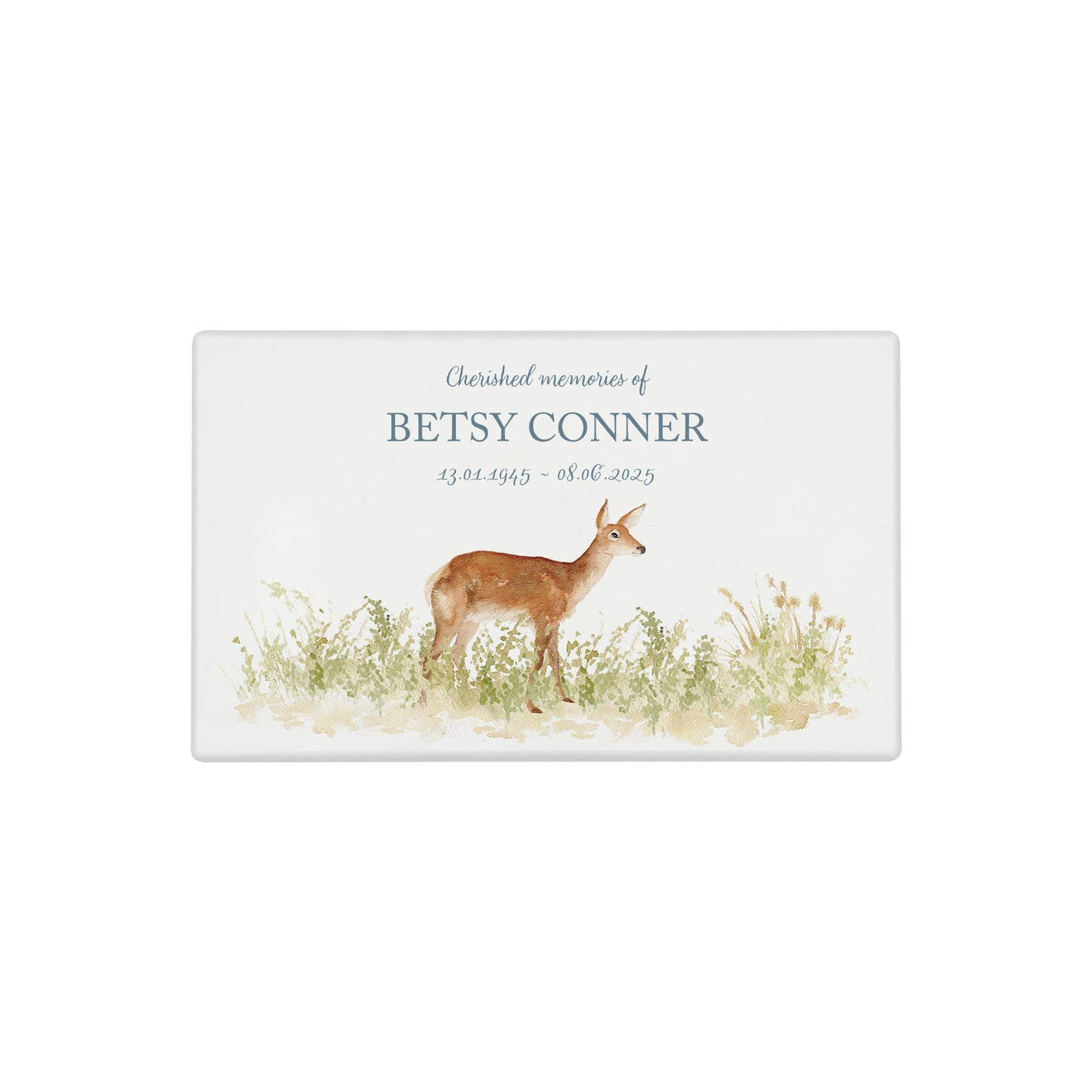 Luxury solid wooden white painted Urn ,  Featuring a Doe in a meadow. A watercolour illustration, our urns and Caskets for displaying or burying ashes. Customisable and can be personalised. Perfect funeral memory keepsake urn, for storing ashes for humans and pets. 