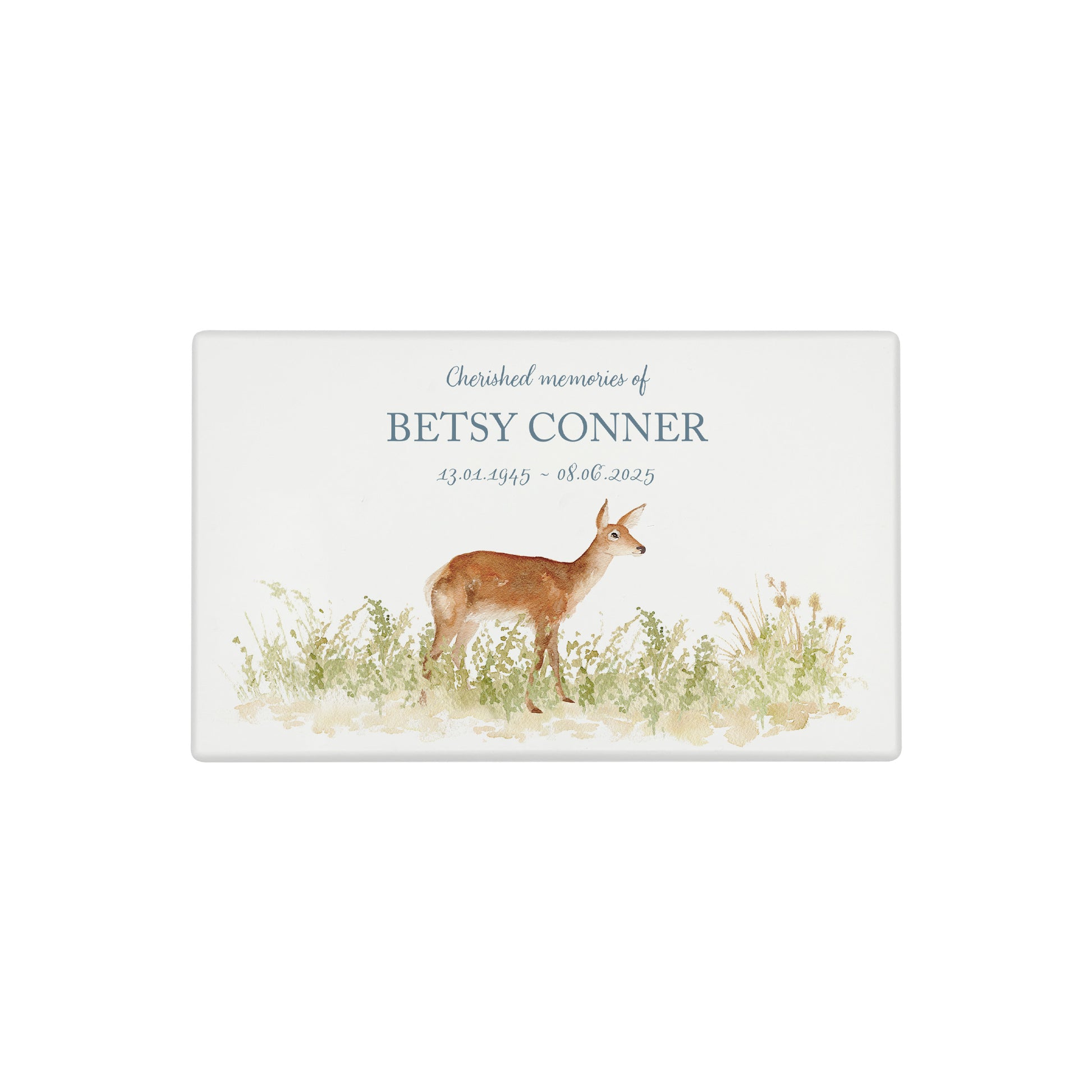 Luxury solid wooden white painted Urn ,  Featuring a Doe in a meadow. A watercolour illustration, our urns and Caskets for displaying or burying ashes. Customisable and can be personalised. Perfect funeral memory keepsake urn, for storing ashes for humans and pets. 