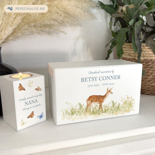 Luxury solid wooden white painted Urn ,  Featuring a Doe in a meadow. A watercolour illustration, our urns and Caskets for displaying or burying ashes. Customisable and can be personalised. Perfect funeral memory keepsake urn, for storing ashes for humans and pets. 