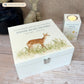 White Square personalised Wooden box with a decorative lid featuring illustrations of a Doe in Grass Perfect funeral memory keepsake box, for storing ashes, order of service, flowers and capturing your loved ones things in one place.