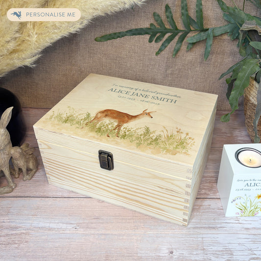 Wooden box with a lid featuring an illustration of a Doe on a wooden background Perfect funeral memory keepsake box, for storing ashes, order of service, flowers, pictures. 