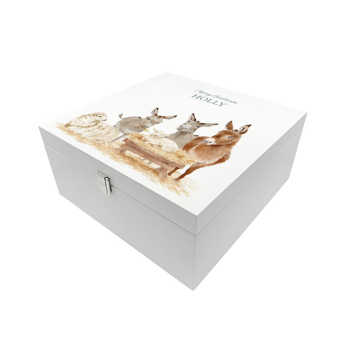A white wooden Christmas Eve gift box with a donkey away in a manger watercolour illustration, the box is personalised with a name