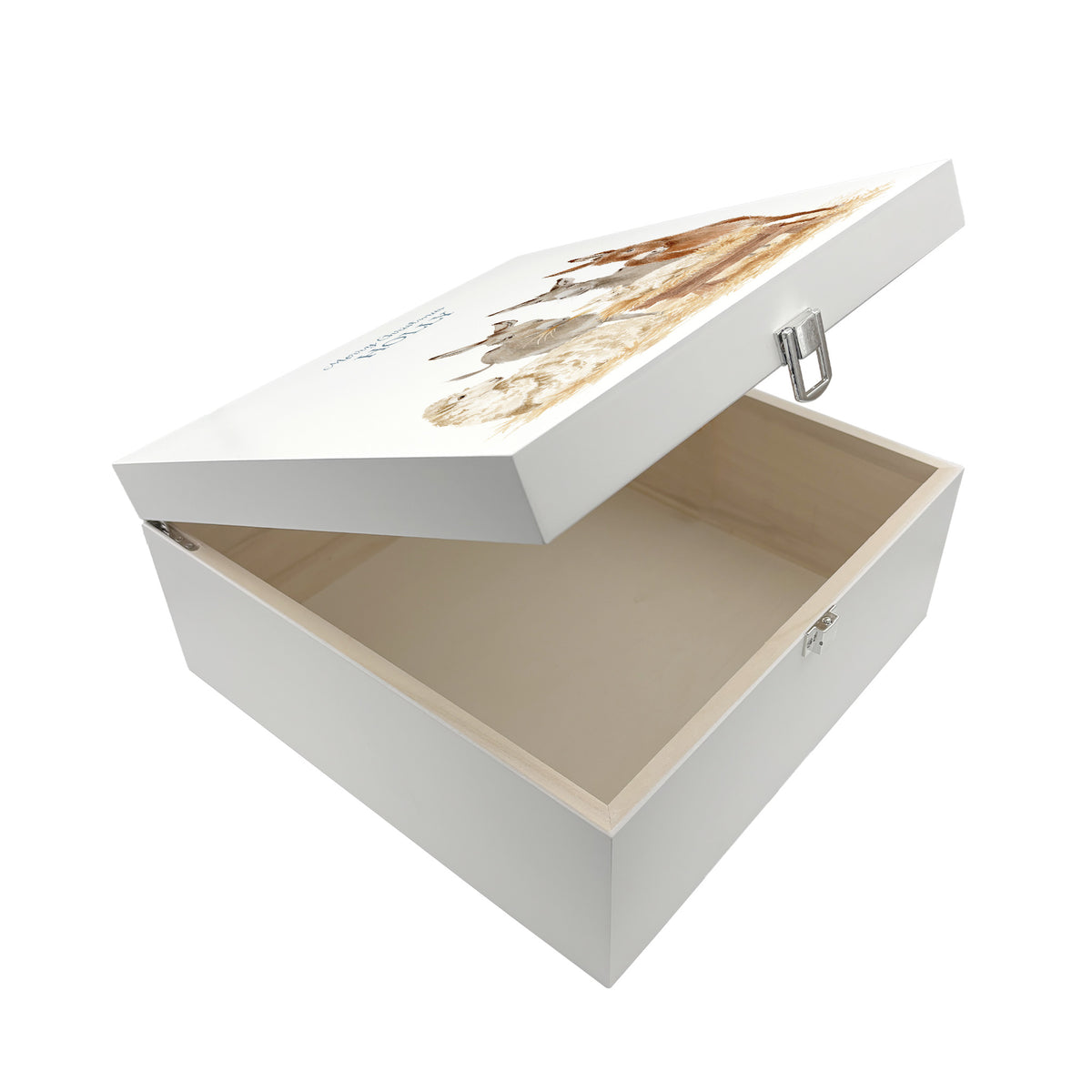 A white wooden Christmas Eve gift box shown opened to show the inside. The box has a donkey away in a manger watercolour illustration on the top and is personalised with a name
