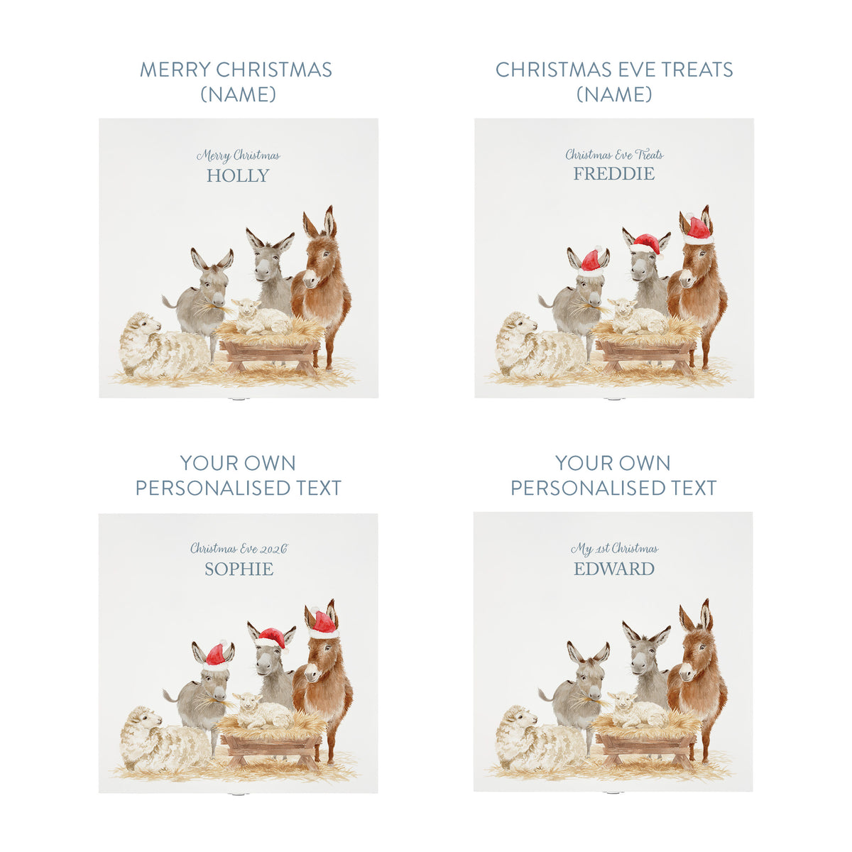 Personalised phrase options for a white wooden Christmas Eve gift box with a donkey away in a manger watercolour illustration, the box is personalised with a name and Christmas phrase.
