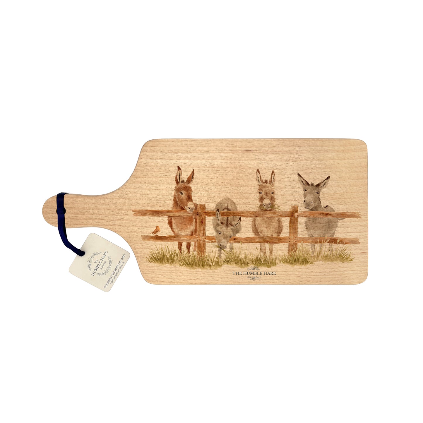 Donkey and Robin design on a wooden paddle chopping board 