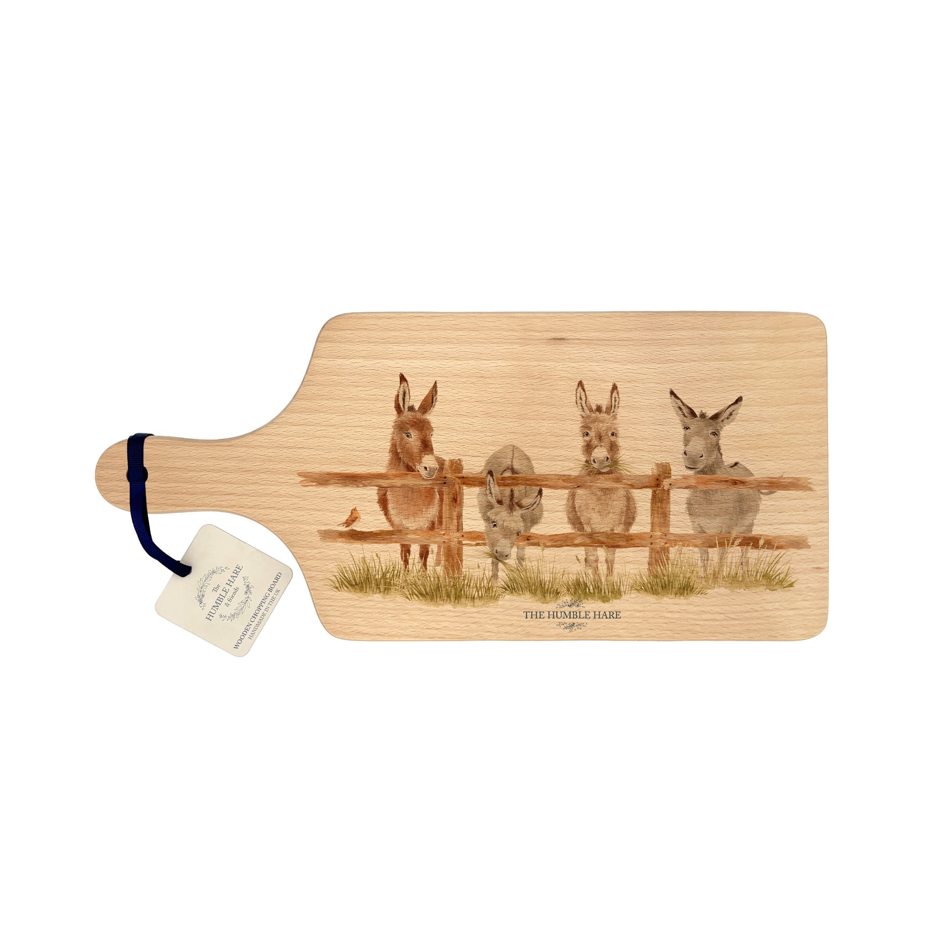 Donkey and Robin design on a wooden paddle chopping board 