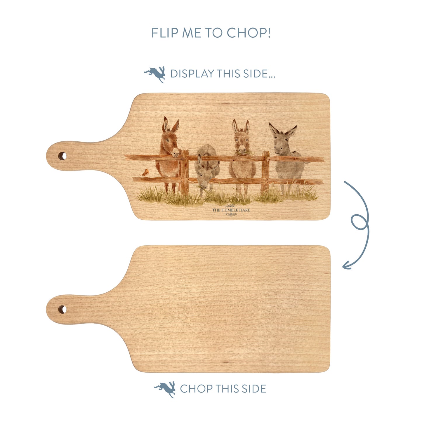 Donkey and Robin design on a wooden paddle chopping board 
