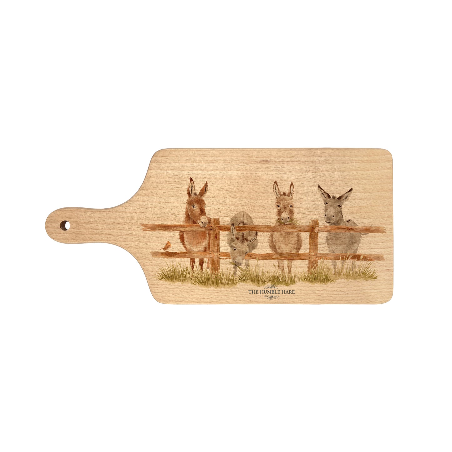Donkey and Robin design on a wooden paddle chopping board 