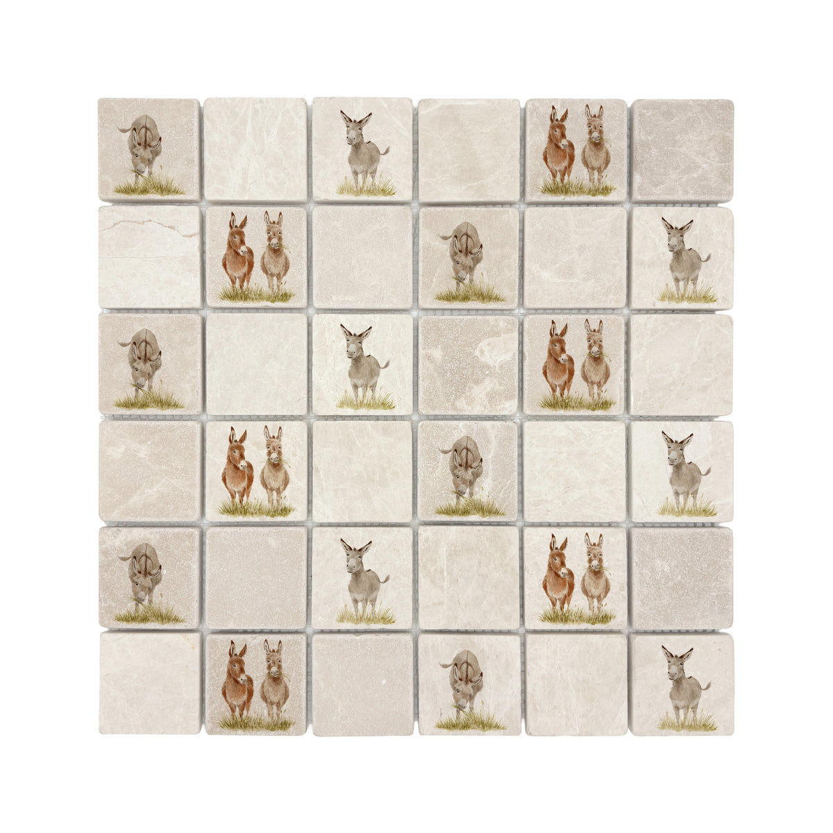 Close-up of a watercolour Donkey on a mosaic splashback tile.