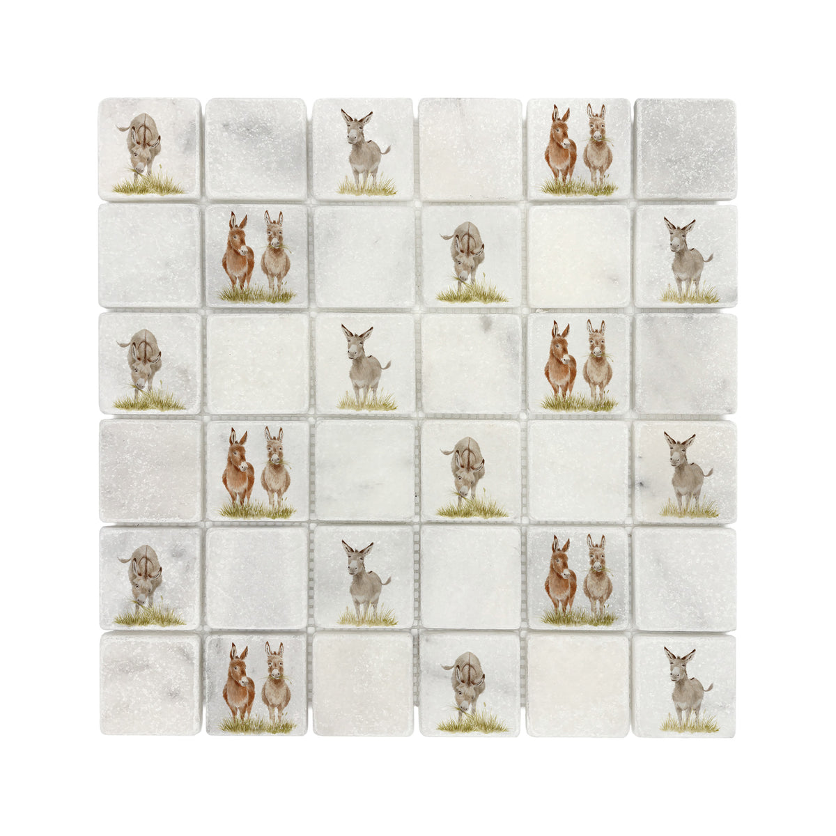 Close-up of a watercolour Donkey on a mosaic splashback tile.
