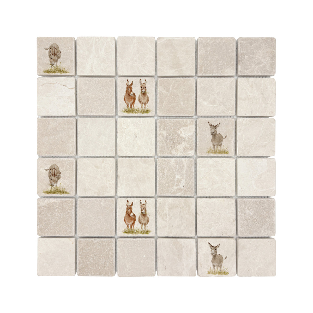 Close-up of a watercolour Donkey on a mosaic splashback tile.