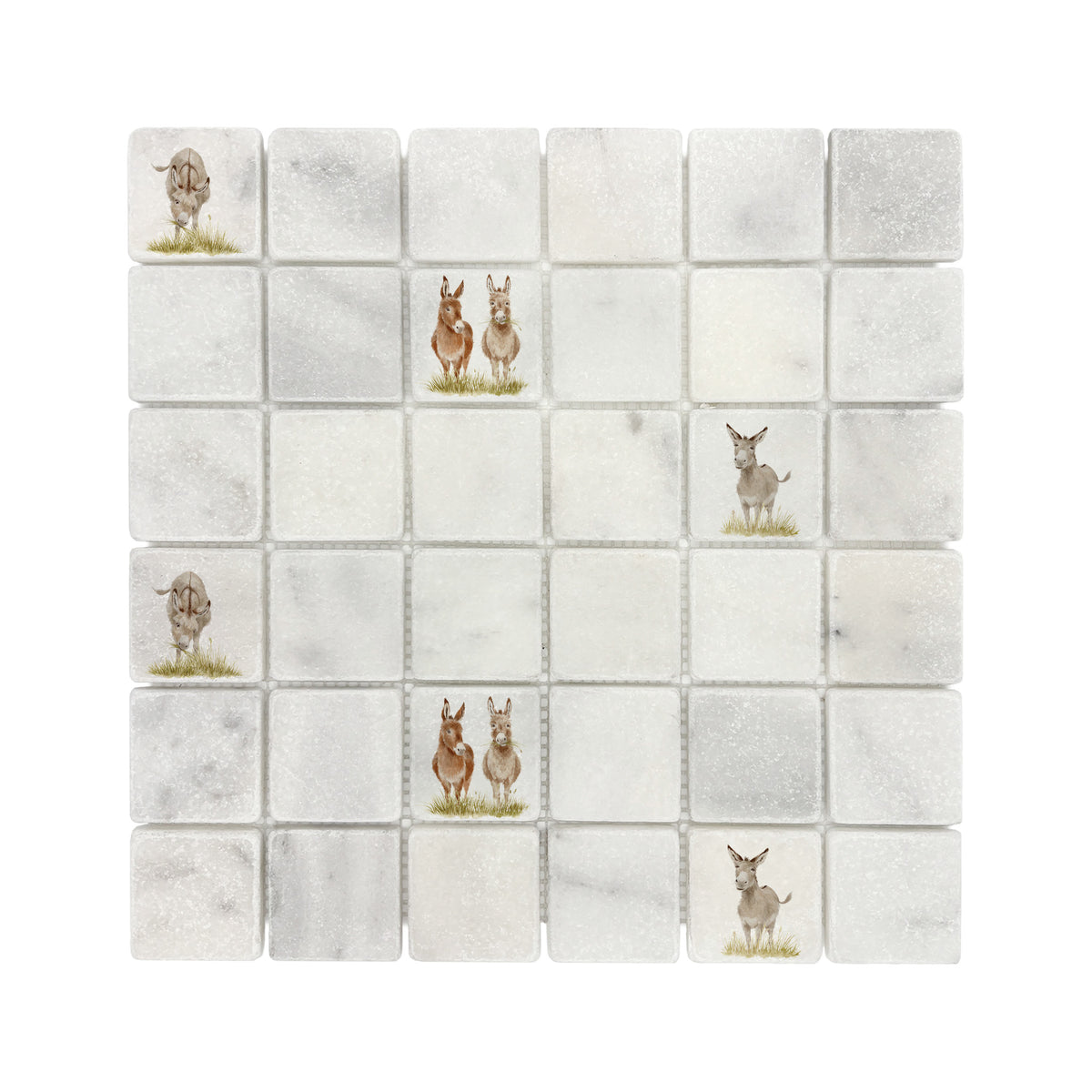 Close-up of a watercolour Donkey on a mosaic splashback tile.