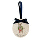 An oval marble Christmas ornament with a navy blue velvet ribbon loop and bow, featuring a vintage-style illustration of a donkey wearing a green wreath and red bow, with 'Merry Christmas' and a personalised name written at the bottom.