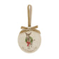 An oval marble Christmas ornament with a gold velvet ribbon loop and bow, featuring a vintage-style illustration of a donkey wearing a green wreath and red bow, with personalised text written at the bottom.