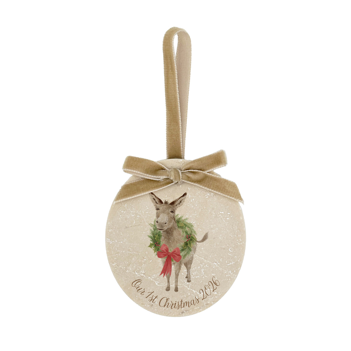 An oval marble Christmas ornament with a gold velvet ribbon loop and bow, featuring a vintage-style illustration of a donkey wearing a green wreath and red bow, with personalised text written at the bottom.