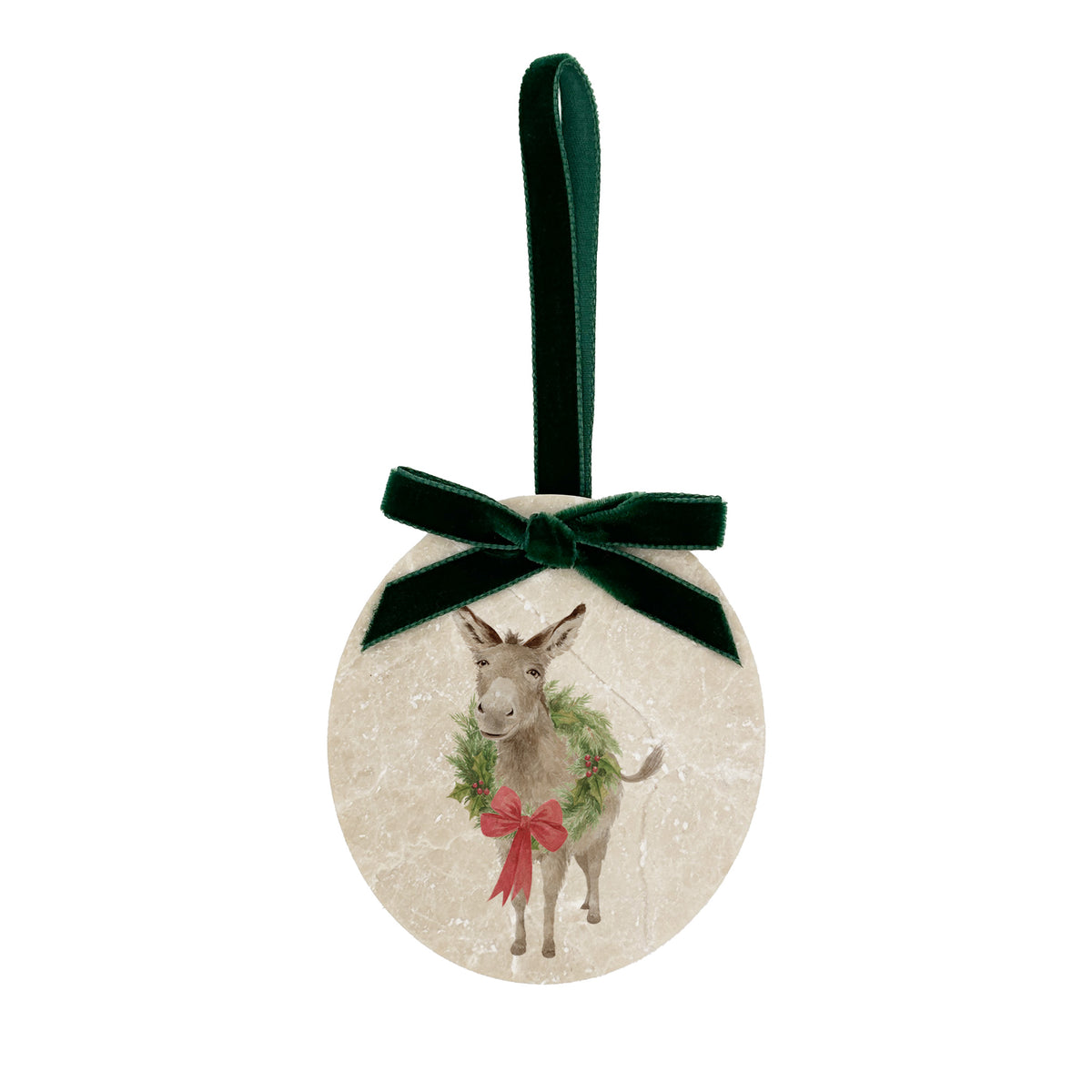 An oval marble Christmas ornament with a green velvet ribbon loop and bow, featuring a vintage-style illustration of a donkey wearing a green wreath and red bow.