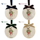 Four personalised oval Christmas ornaments shown with different ribbon and bow colour options: Blue, Burgundy, Green, and Gold. Each ornament features a vintage-style illustration of a donkey wearing a green wreath and red bow, with the name below.