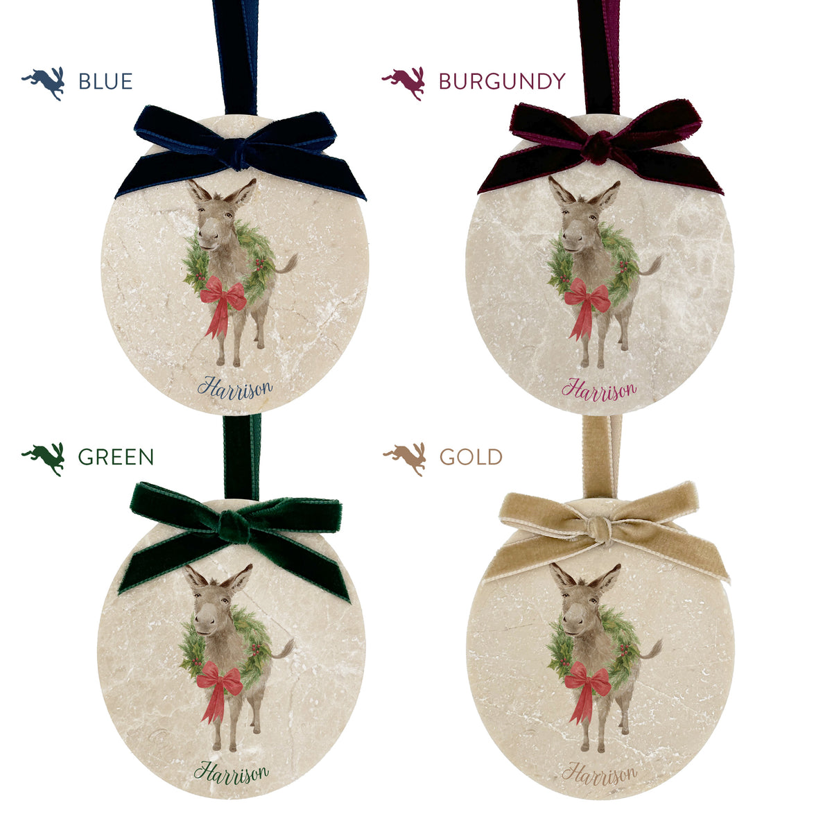Four personalised oval Christmas ornaments shown with different ribbon and bow colour options: Blue, Burgundy, Green, and Gold. Each ornament features a vintage-style illustration of a donkey wearing a green wreath and red bow, with the name below.