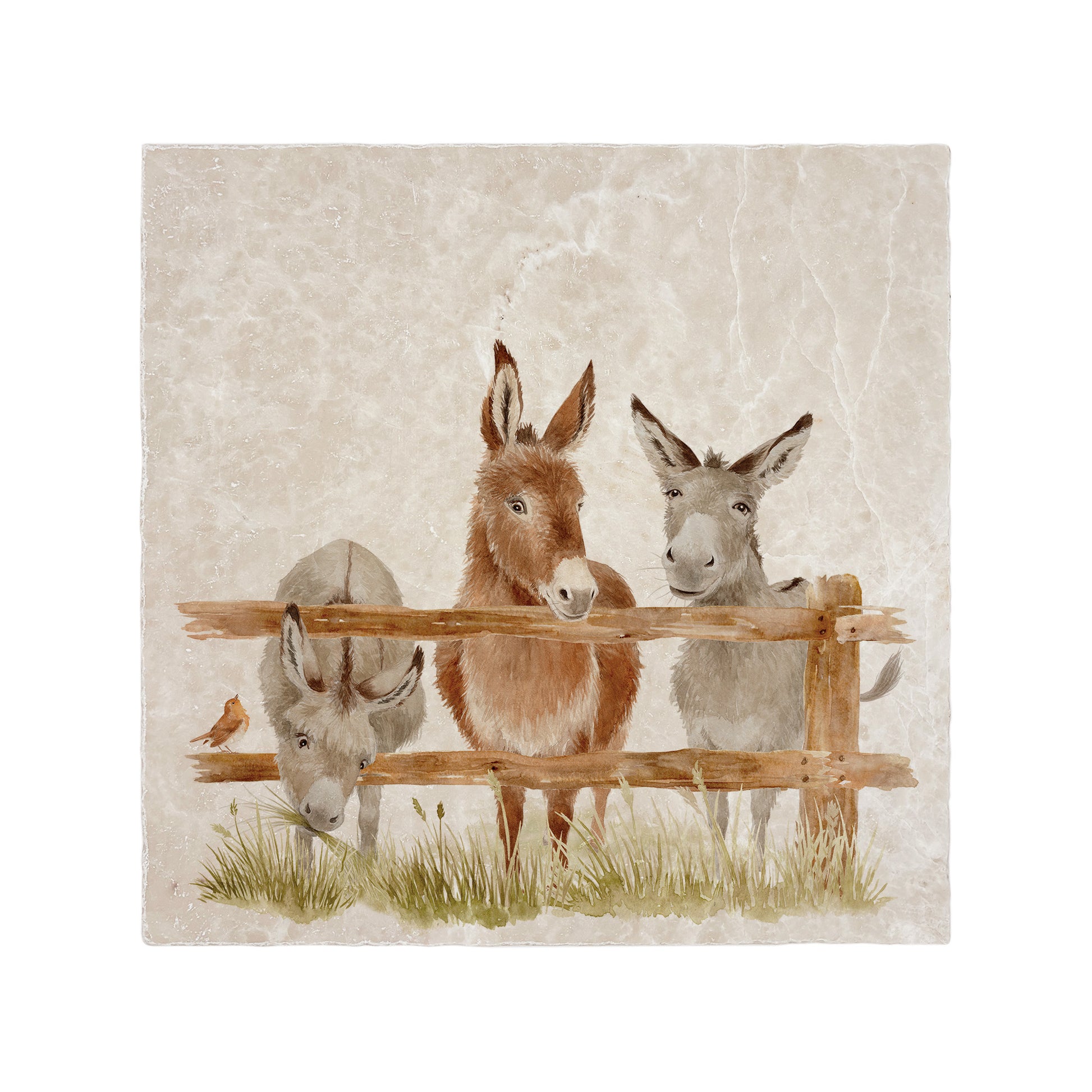 A handmade 30.5x30.5cm marble splashback tile featuring a watercolour countryside animal design of donkeys lined up at a fence.