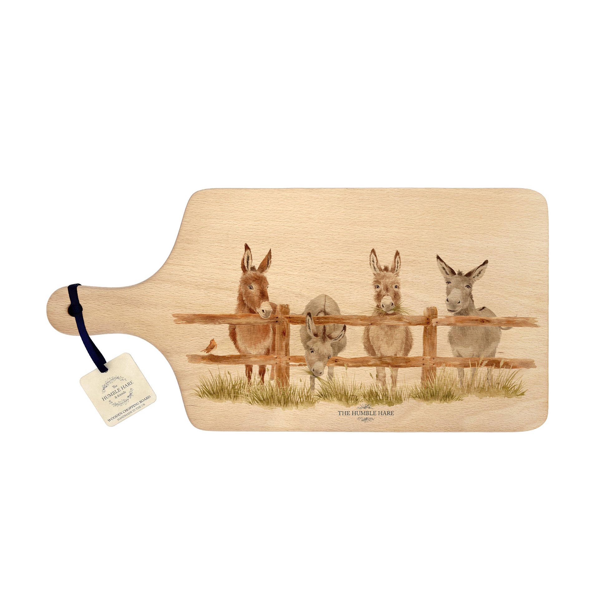 Donkey and Robin design on a flip wooden chopping board 