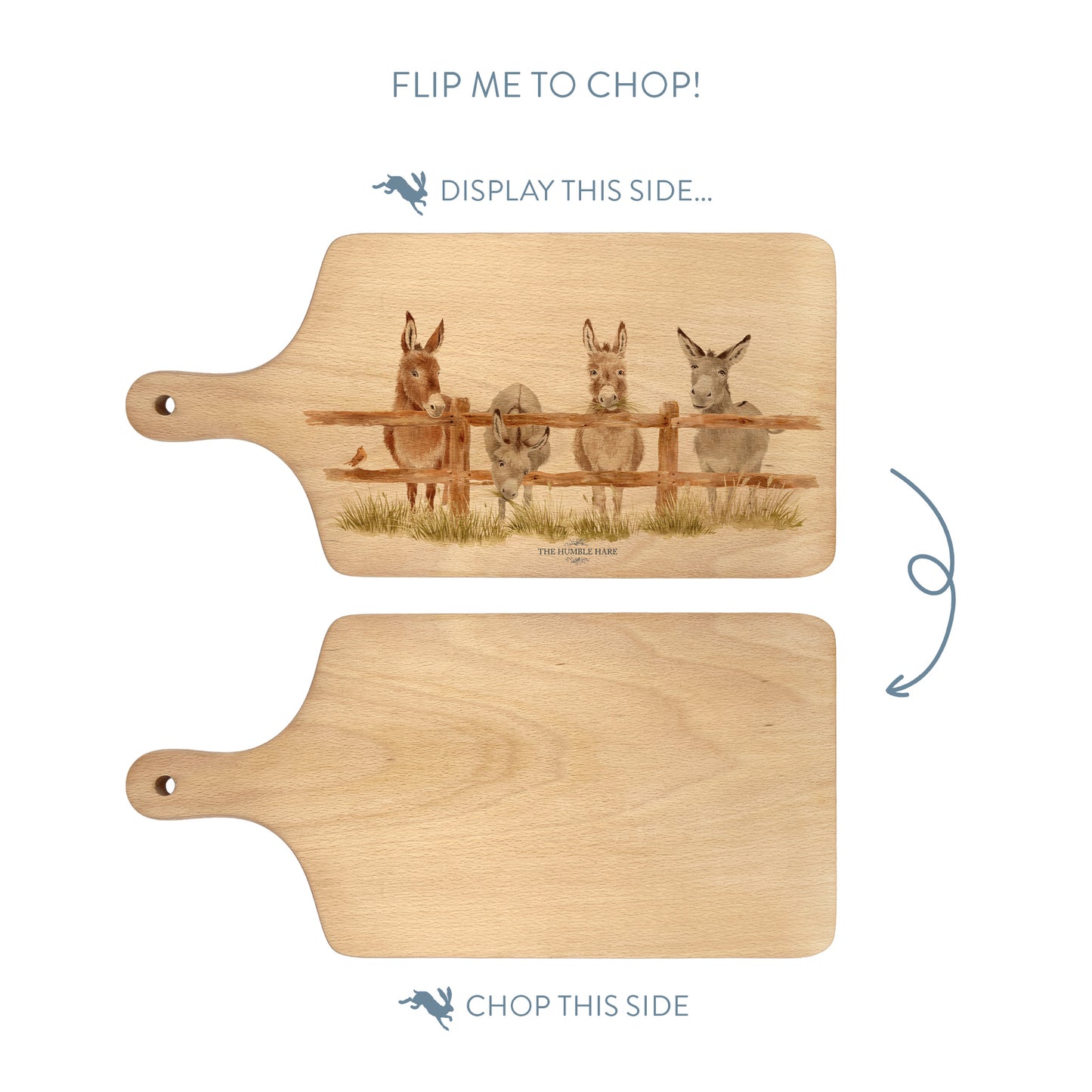Donkey and Robin design on a flip wooden chopping board 