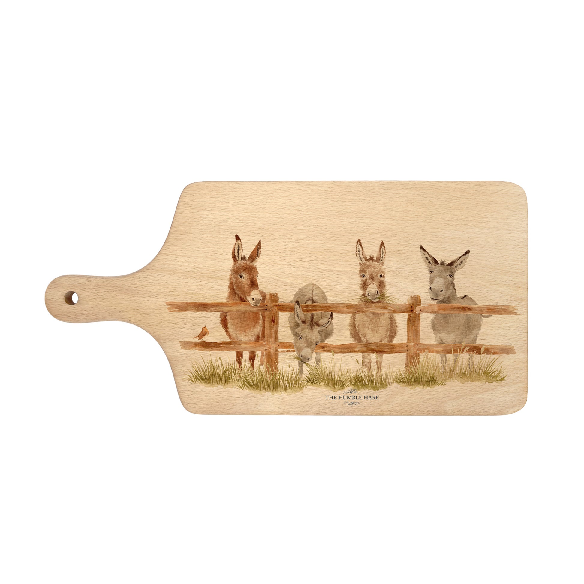 Donkey and Robin design on a flip wooden chopping board 