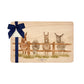 Rectangle beech wood chopping board featuring  a watercolour design of cheeky donkeys peering over their fence. The wooden board is finished with a blue gift ribbon and tag.