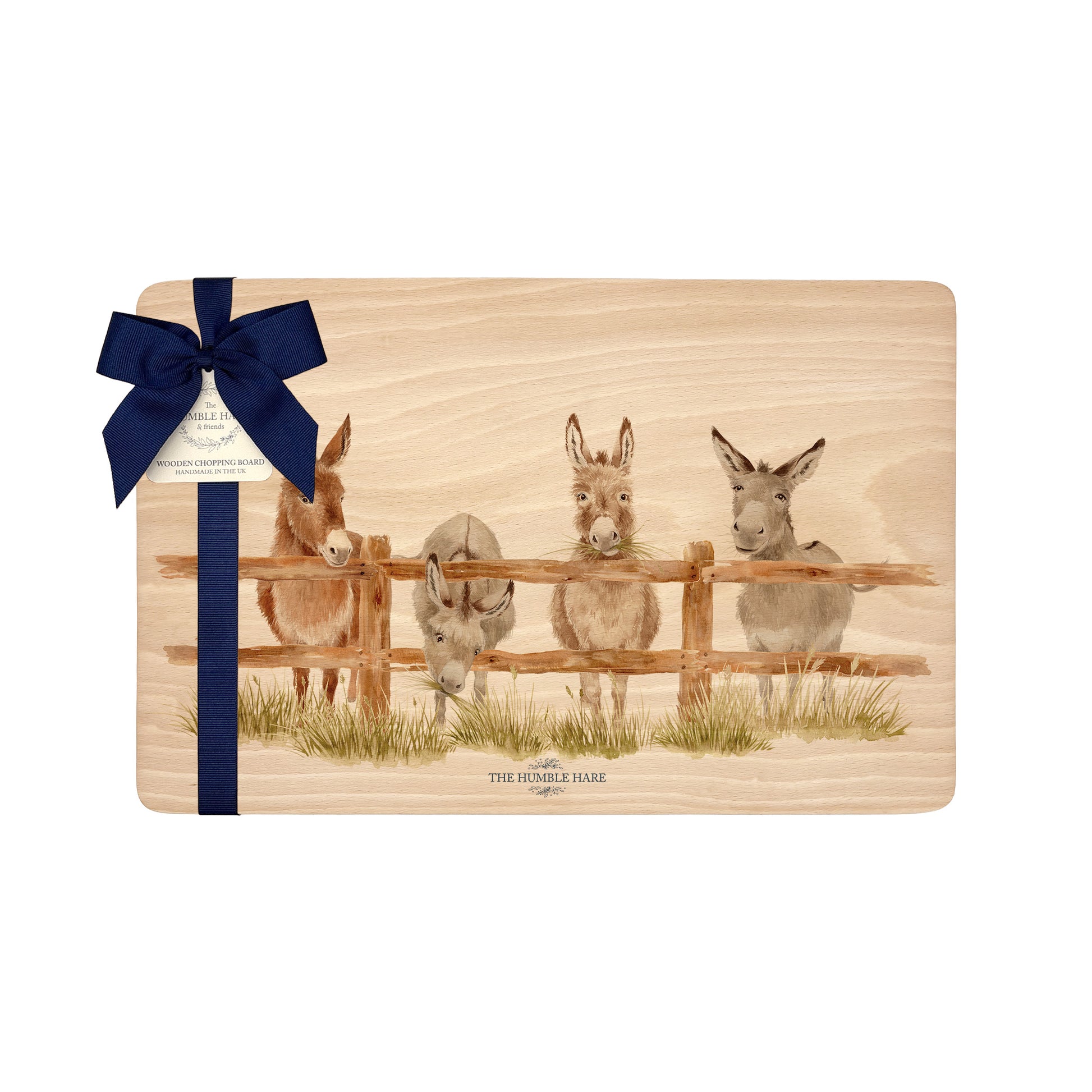Rectangle beech wood chopping board featuring  a watercolour design of cheeky donkeys peering over their fence. The wooden board is finished with a blue gift ribbon and tag.