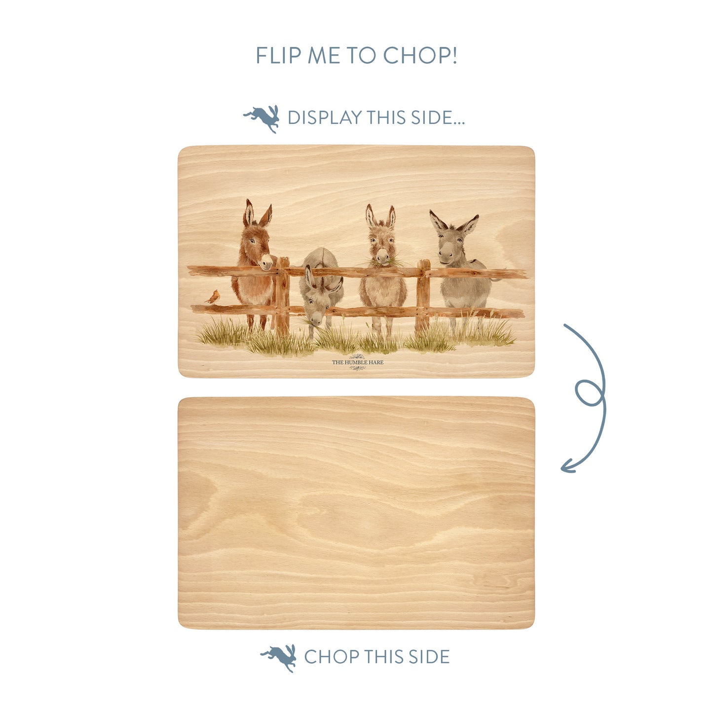 Wooden cutting board with a herd of donkeys illustration on one side and plain wood on the other, with text indicating which side to display and which to chop.