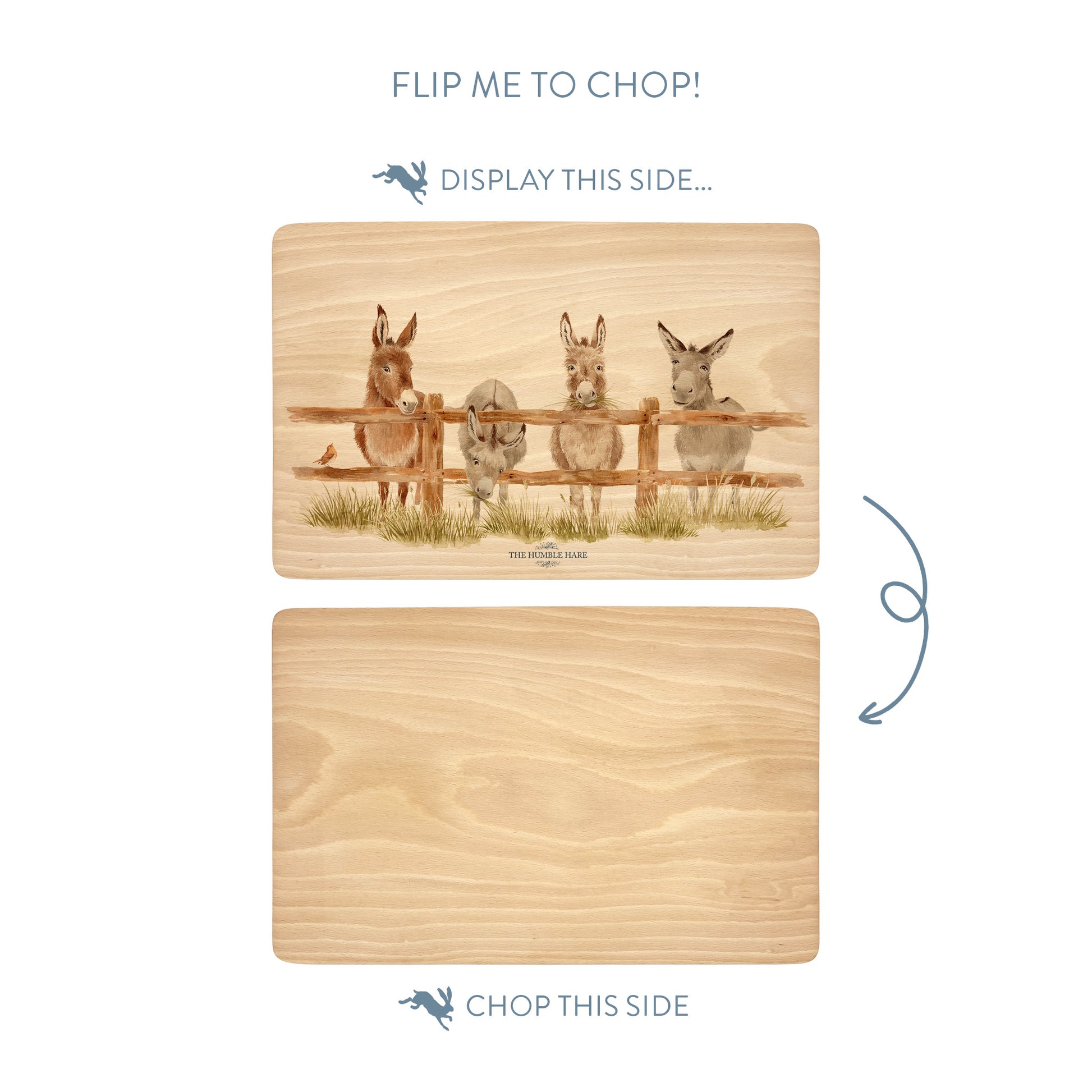 Wooden cutting board with a herd of donkeys illustration on one side and plain wood on the other, with text indicating which side to display and which to chop.