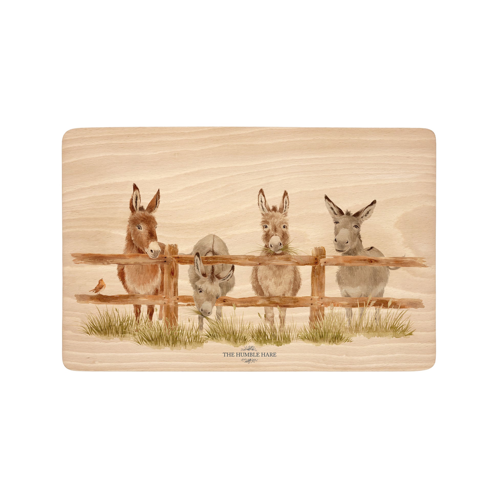 Rectangle beech wood chopping board featuring  a watercolour design of cheeky donkeys peering over their fence.