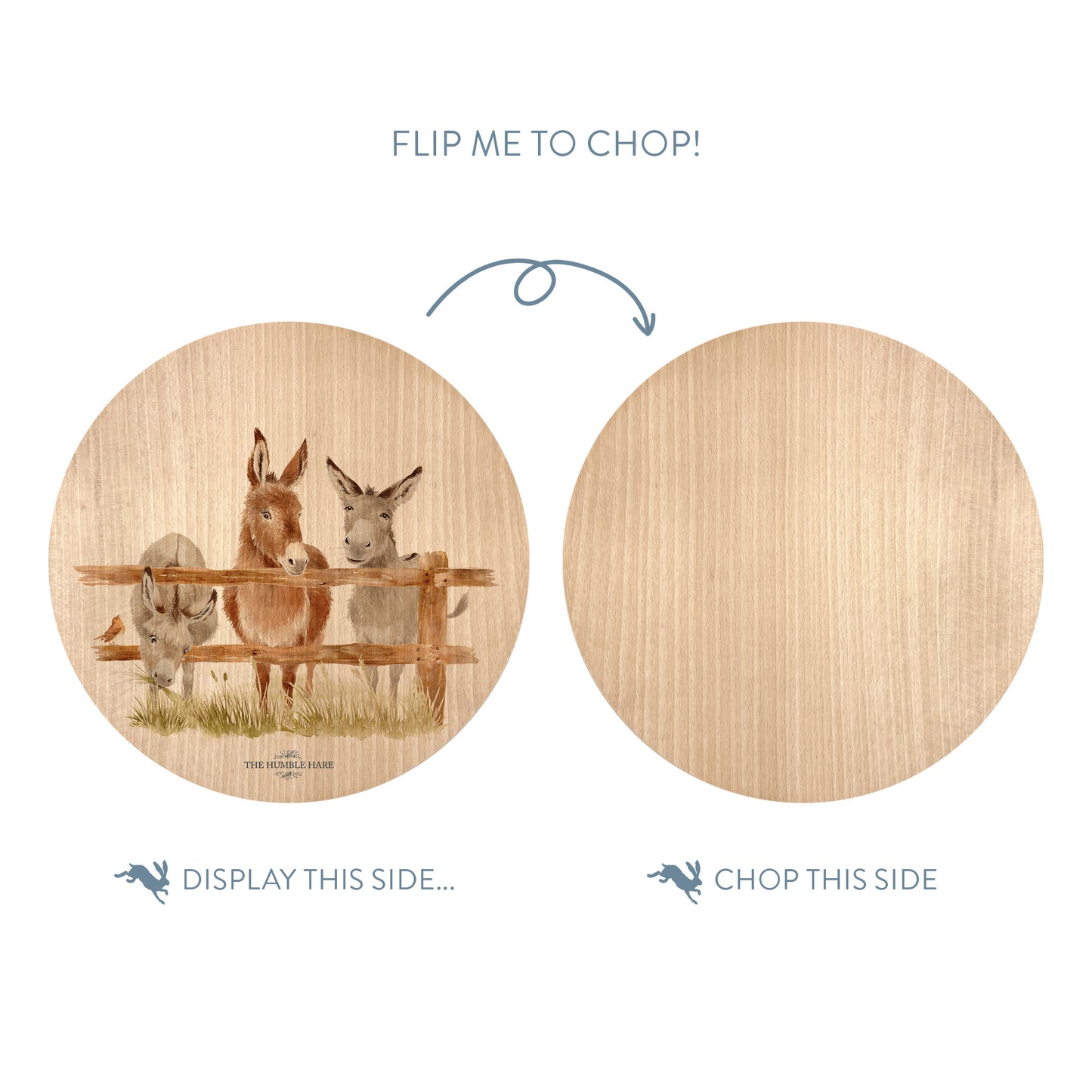 Wooden cutting board with our donkey line-up illustration on one side and plain wood on the other, with text indicating which side to display and which to chop.