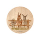 Round beech wood chopping board featuring a watercolour design of cheeky donkeys peering over their fence.