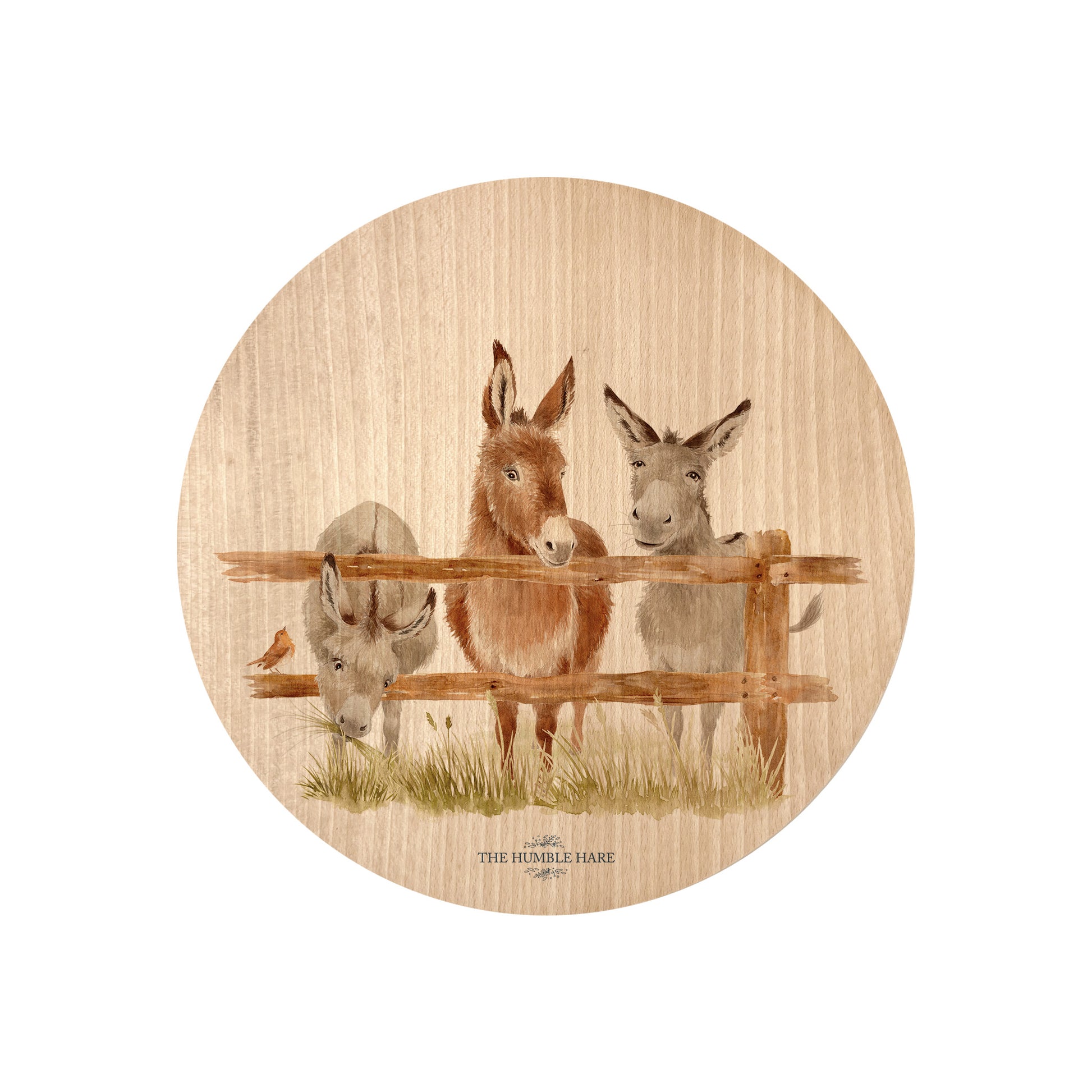 Round beech wood chopping board featuring a watercolour design of cheeky donkeys peering over their fence.