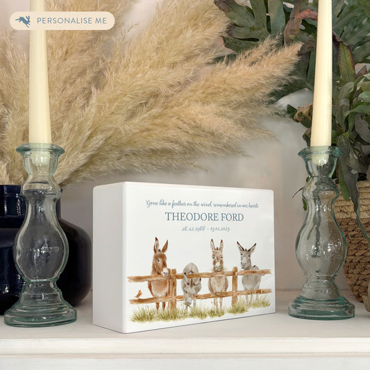 Luxury solid wooden white painted with a group of Donkey with a little Robin watercolour illustration our urns and Caskets for displaying or burying ashes. Customisable and can be personalised. Perfect funeral memory keepsake urn, for storing ashes for humans and pets.
