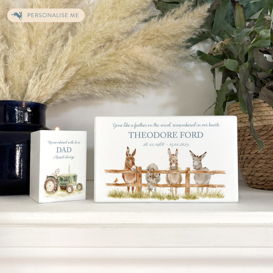 Luxury solid wooden white painted Urn with Donkeys lined up along a fence with a little Robin sitting on the fence. watercolour illustration, our urns and Caskets for displaying or burying ashes. Customisable and can be personalised. Perfect funeral memory keepsake urn, for storing ashes for humans and pets. 