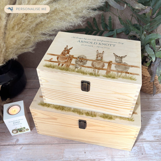 Wooden box with a lid featuring an illustration of Donkeys on a wooden background Perfect funeral memory keepsake box, for storing ashes, order of service, flowers, pictures. 