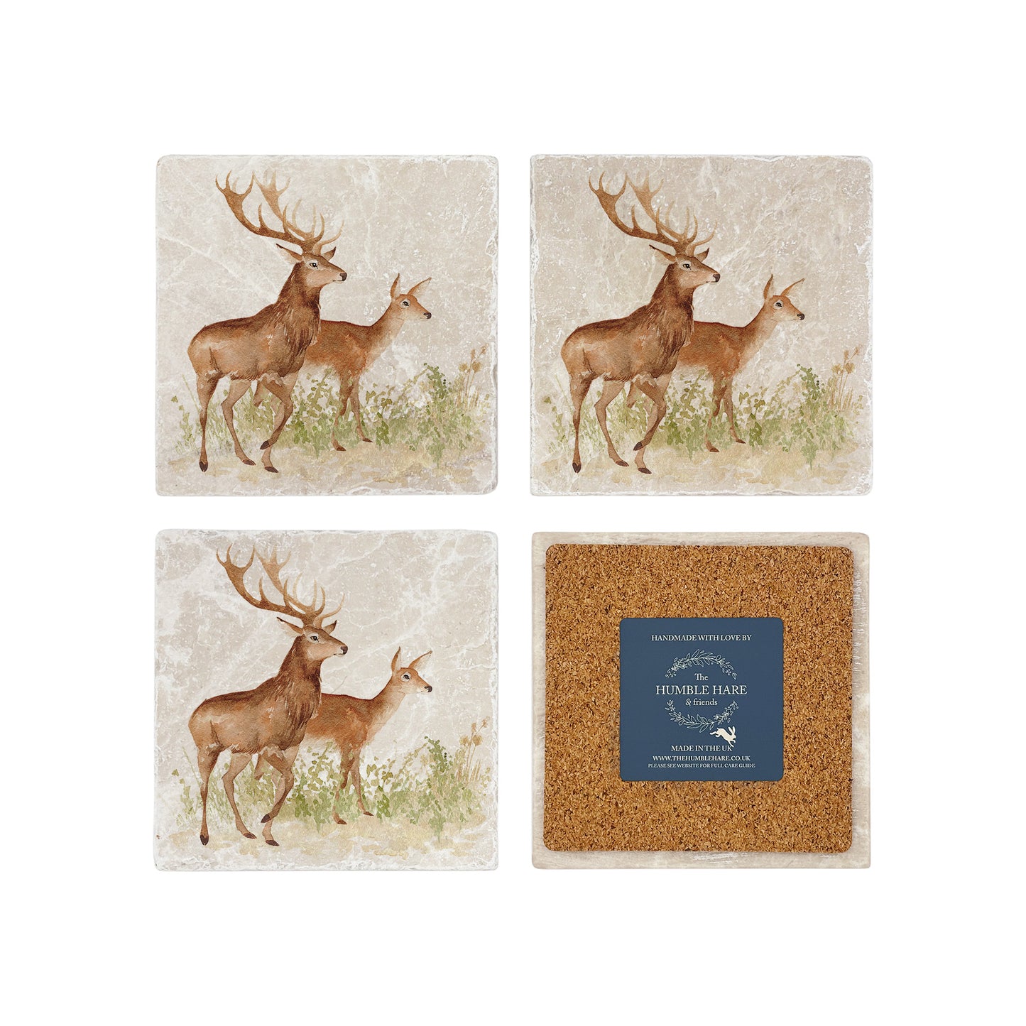 A set of four square marble coasters, featuring a watercolour design of a red deer stag and hind. One coaster is flipped to show that the coasters are backed with cork.