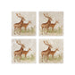 A set of four square marble coasters, featuring a watercolour design of a red deer stag and hind.