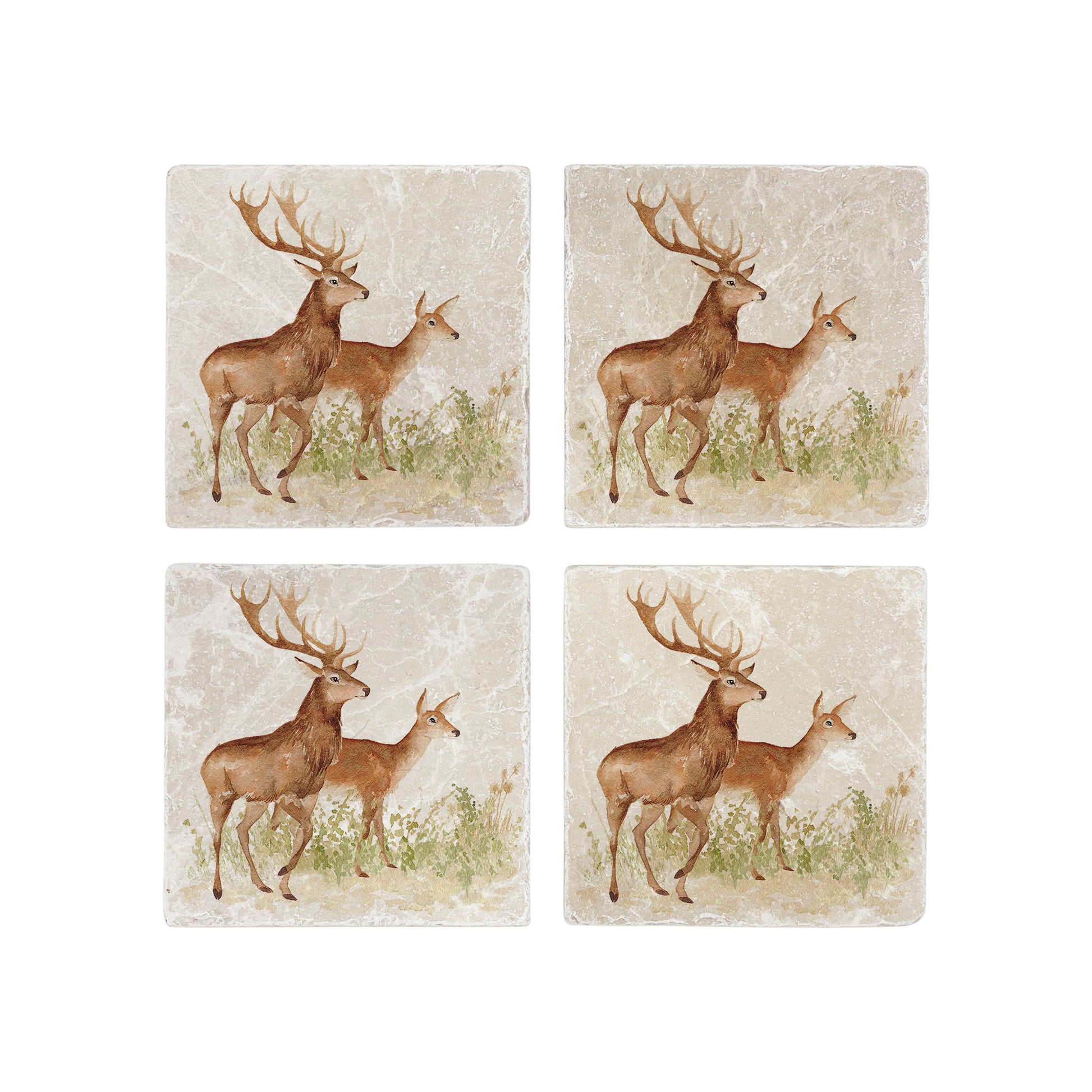 A set of four square marble coasters, featuring a watercolour design of a red deer stag and hind.