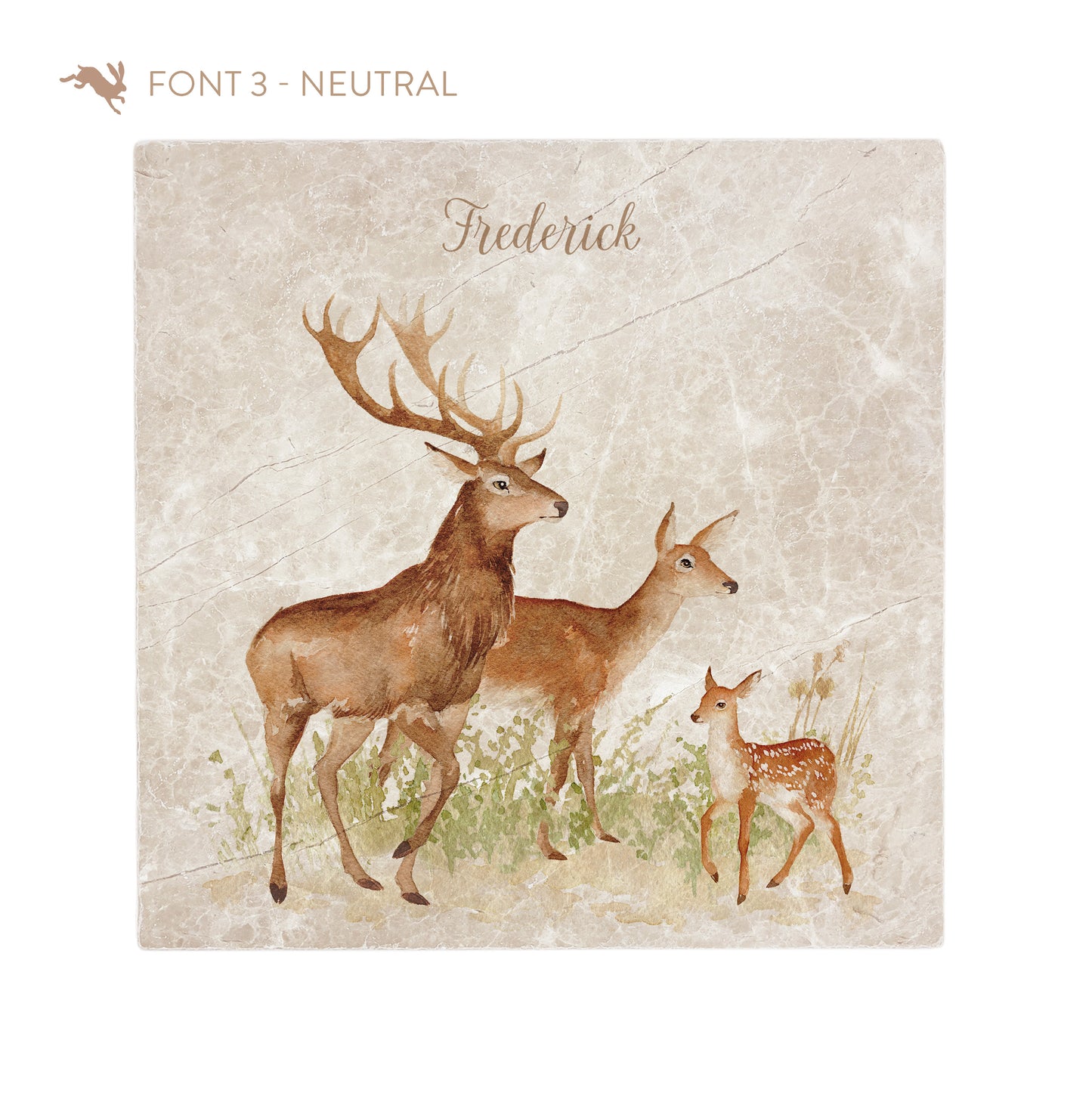 A large square personalised marble placemat with a family of deer design. The placemat is personalised with a name at the top in a neutral colour brush script font.