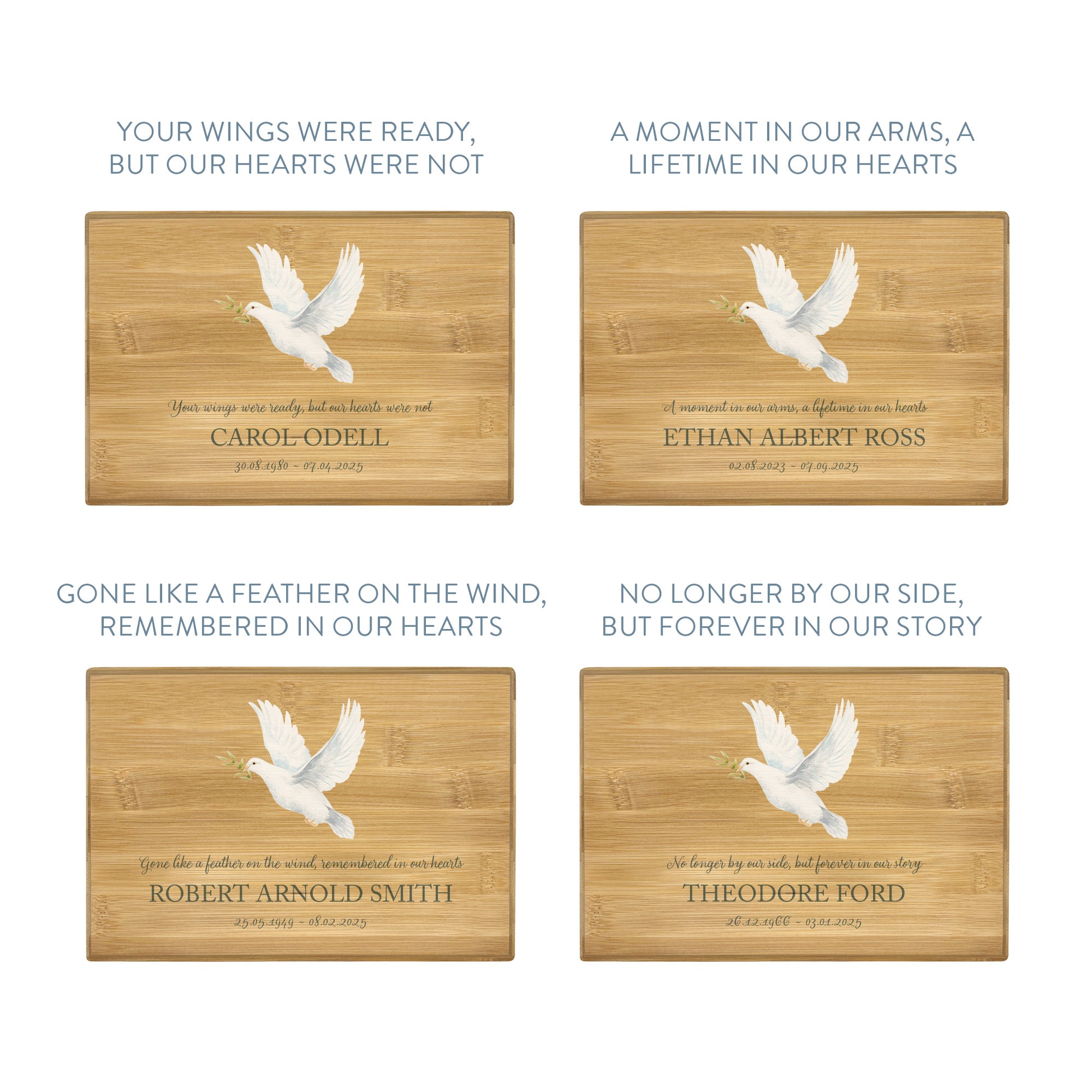 A beautifully crafted solid Bamboo wooden urn, personalised and finished with a soft watercolour design of a flying Dove, Thoughtfully made for either display or burial, this personalised urn can be customised to create a meaningful memorial. Perfect for holding ashes of a loved one or a beloved pet, it serves as a comforting tribute and keepsake. 