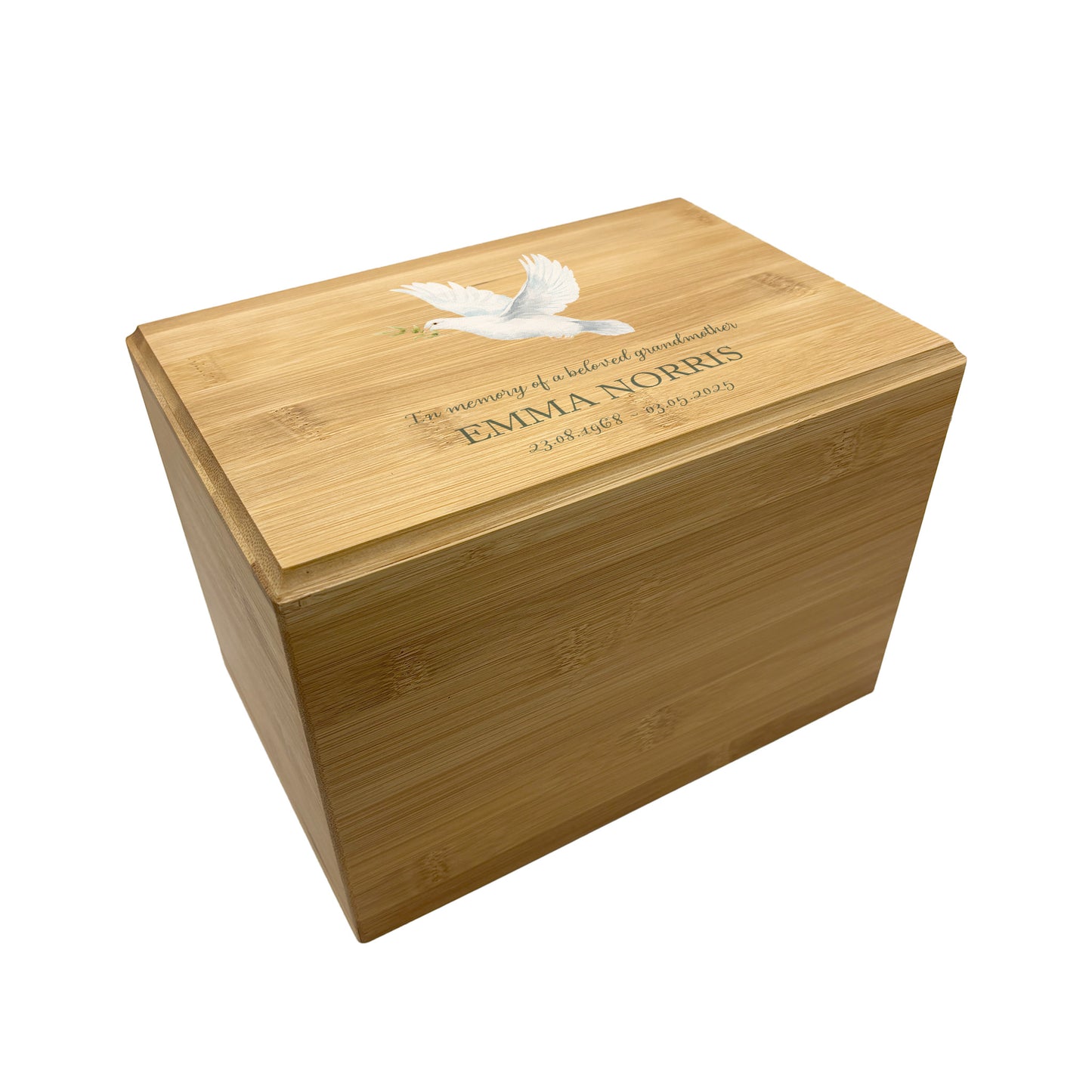 A beautifully crafted solid Bamboo wooden urn, personalised and finished with a soft watercolour design of a flying Dove, Thoughtfully made for either display or burial, this personalised urn can be customised to create a meaningful memorial. Perfect for holding ashes of a loved one or a beloved pet, it serves as a comforting tribute and keepsake. 