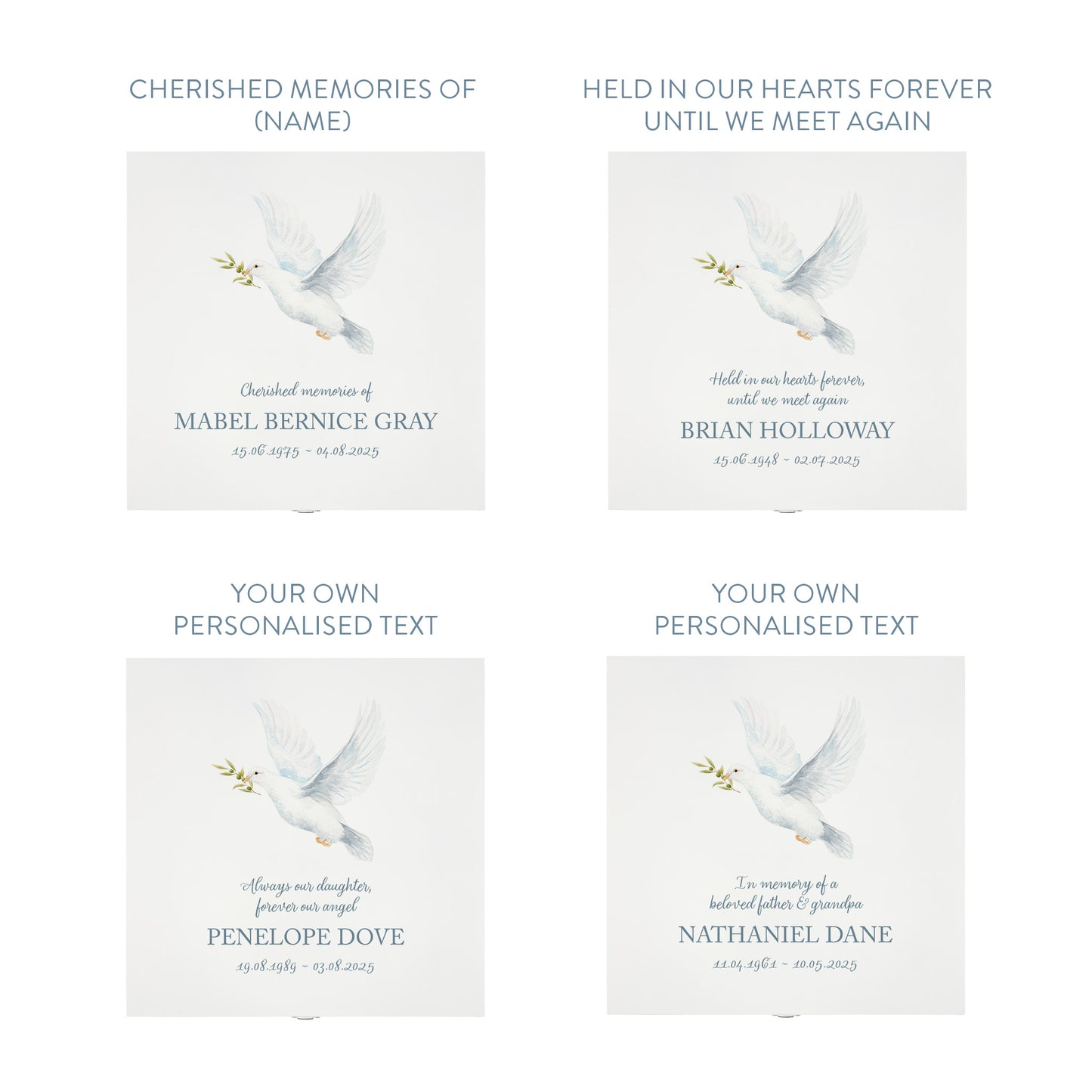 White Square personalised Wooden box with a decorative lid featuring illustrations of a Flying Dove, Perfect funeral memory keepsake box, for storing ashes, order of service, flowers and capturing your loved ones things in one place. 