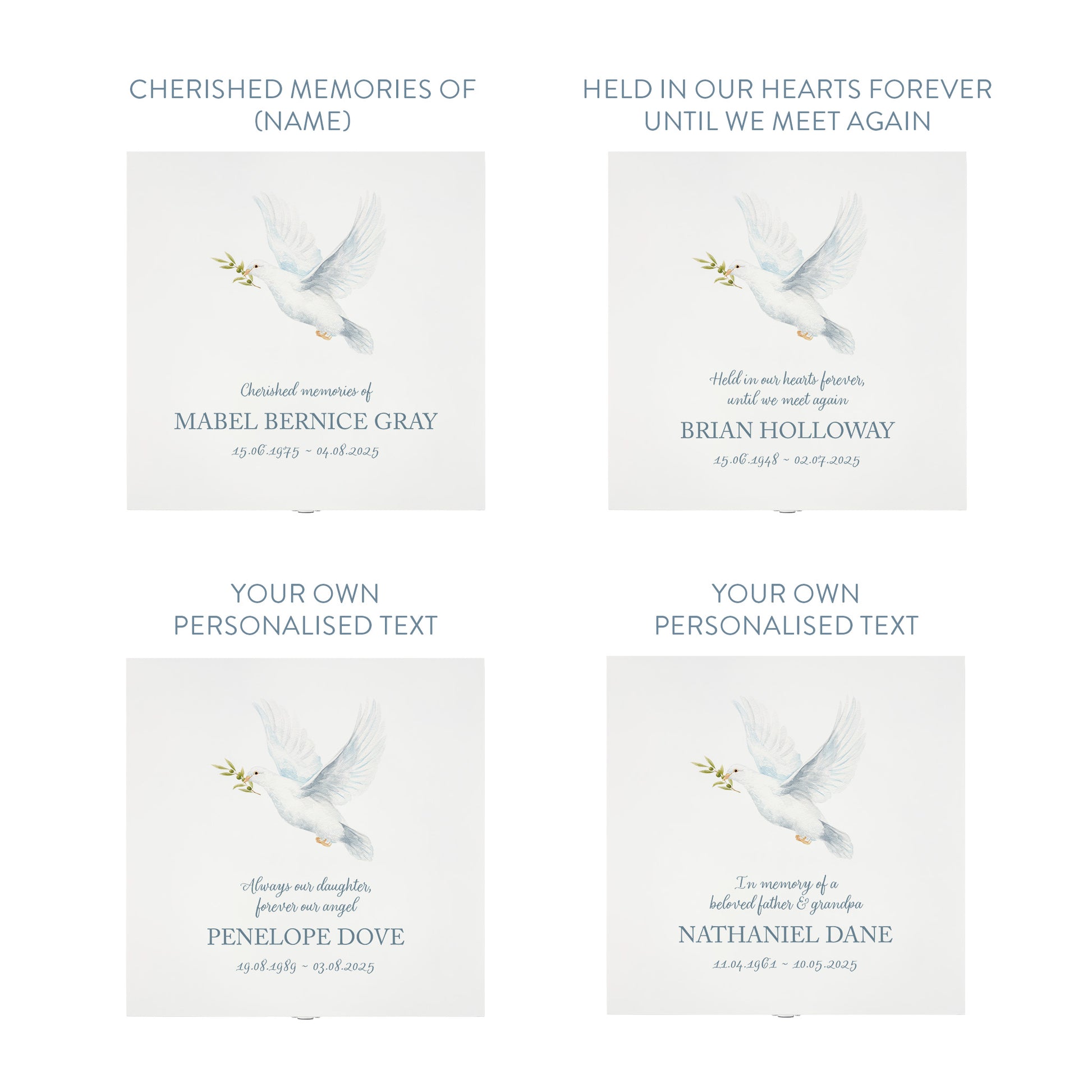 White Square personalised Wooden box with a decorative lid featuring illustrations of a Flying Dove, Perfect funeral memory keepsake box, for storing ashes, order of service, flowers and capturing your loved ones things in one place. 