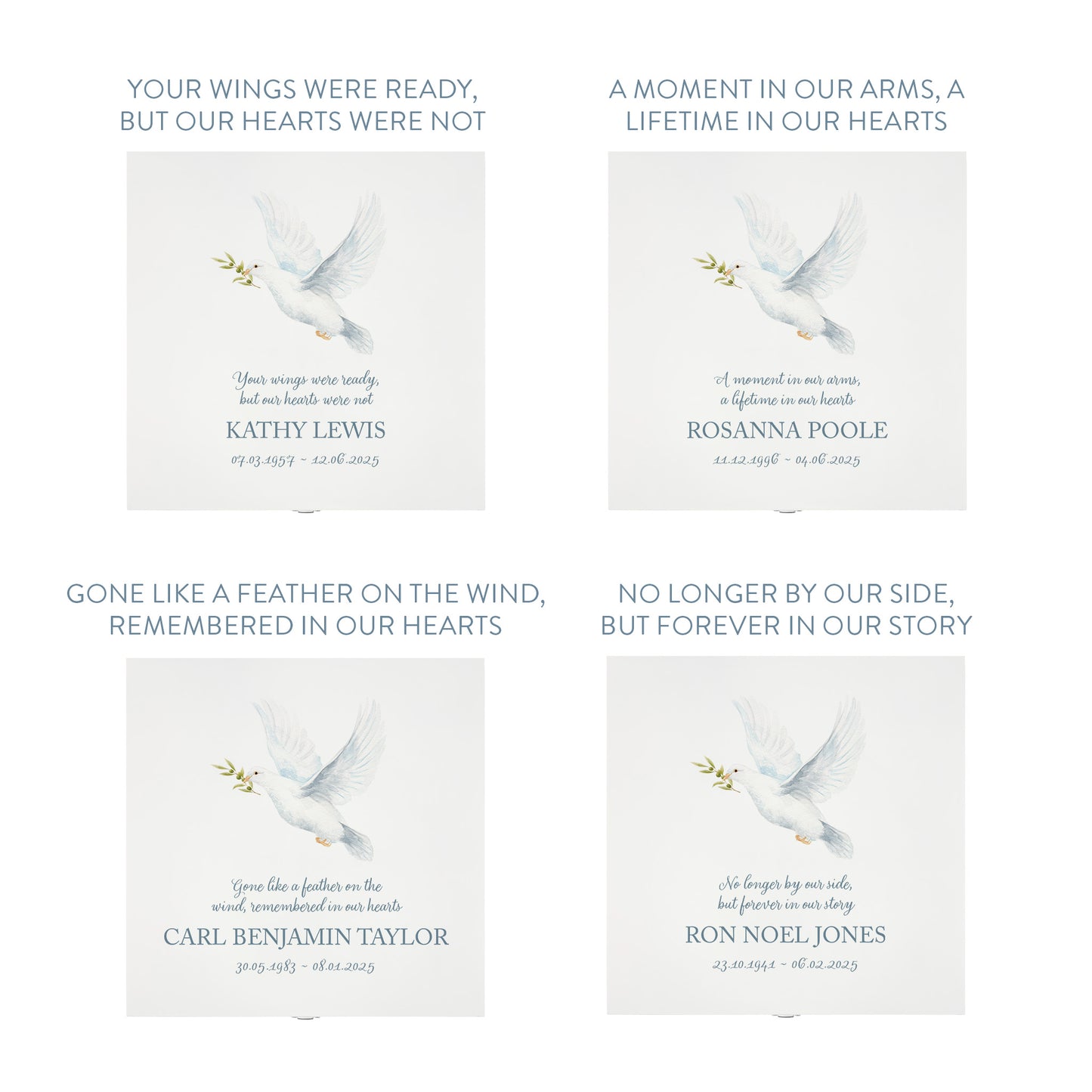 White Square personalised Wooden box with a decorative lid featuring illustrations of a Flying Dove, Perfect funeral memory keepsake box, for storing ashes, order of service, flowers and capturing your loved ones things in one place. 