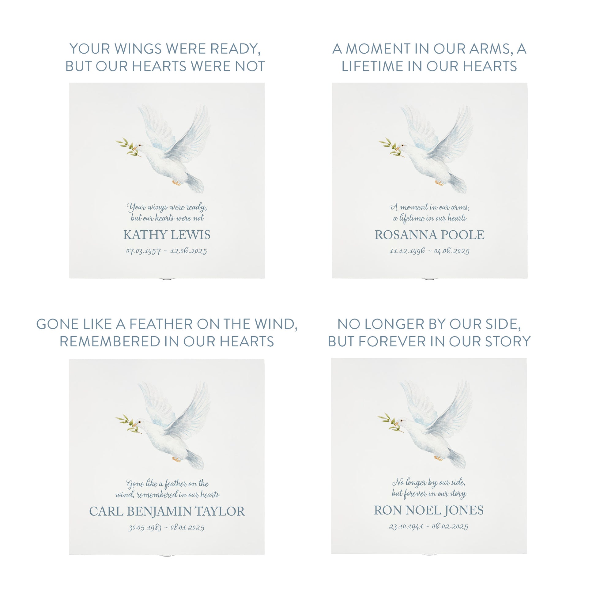 White Square personalised Wooden box with a decorative lid featuring illustrations of a Flying Dove, Perfect funeral memory keepsake box, for storing ashes, order of service, flowers and capturing your loved ones things in one place. 