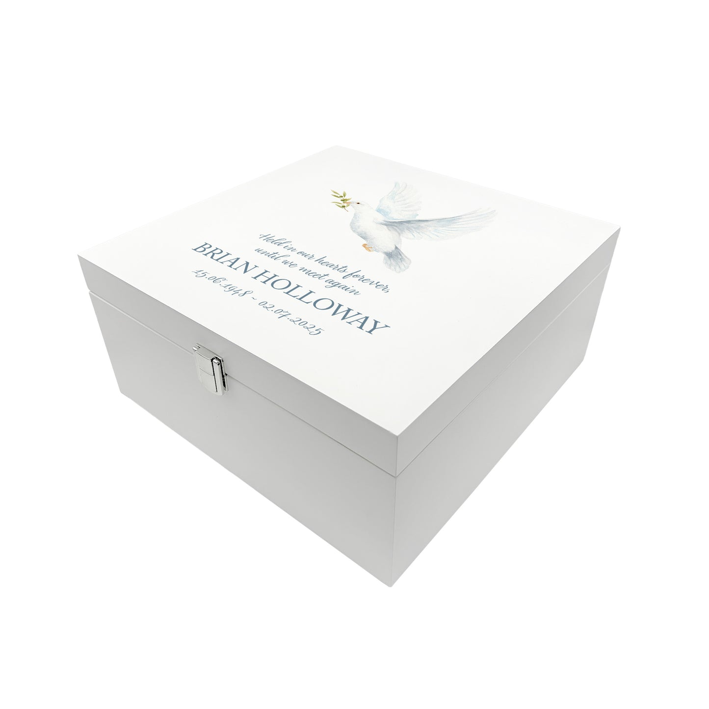 White Square personalised Wooden box with a decorative lid featuring illustrations of a Flying Dove, Perfect funeral memory keepsake box, for storing ashes, order of service, flowers and capturing your loved ones things in one place. 