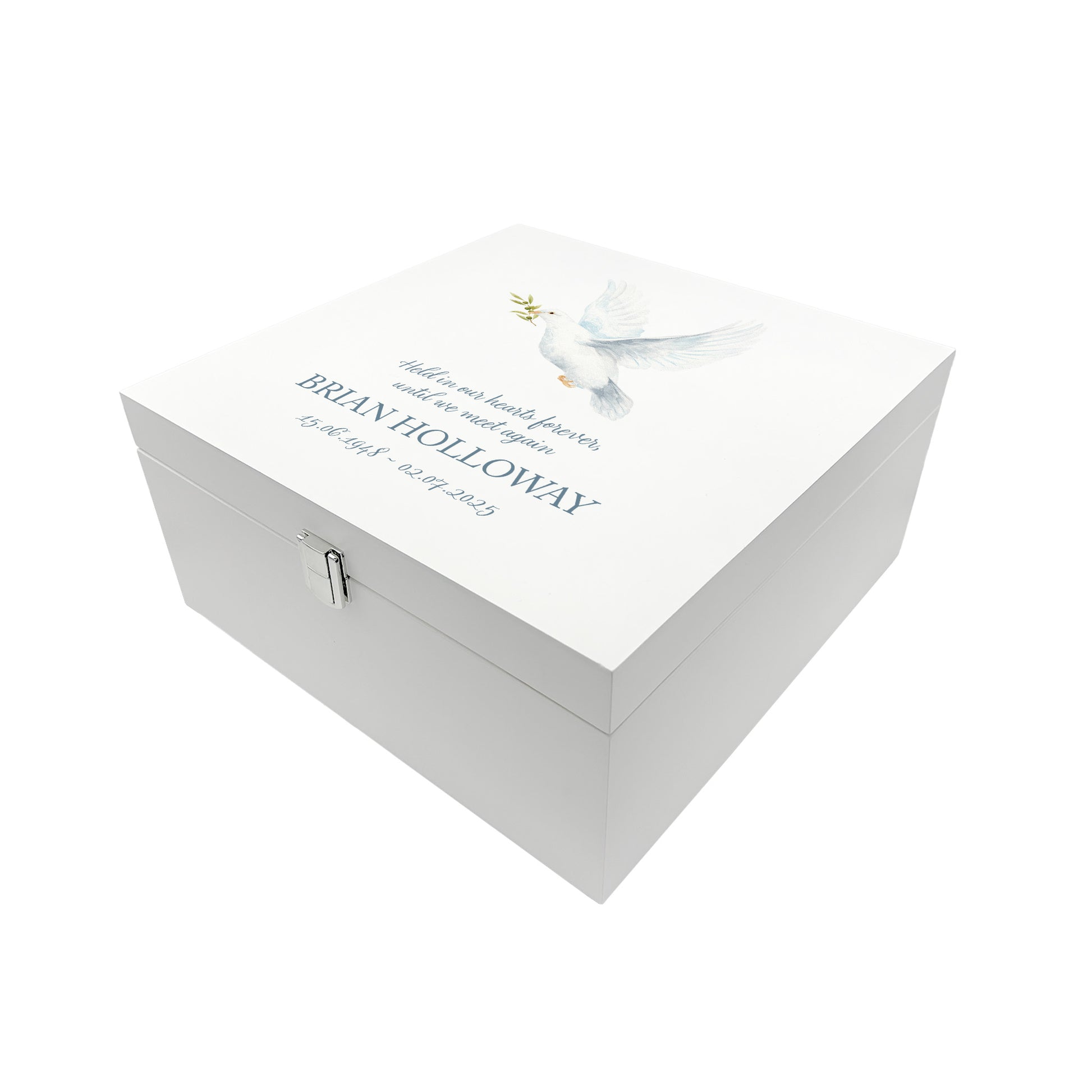 White Square personalised Wooden box with a decorative lid featuring illustrations of a Flying Dove, Perfect funeral memory keepsake box, for storing ashes, order of service, flowers and capturing your loved ones things in one place. 